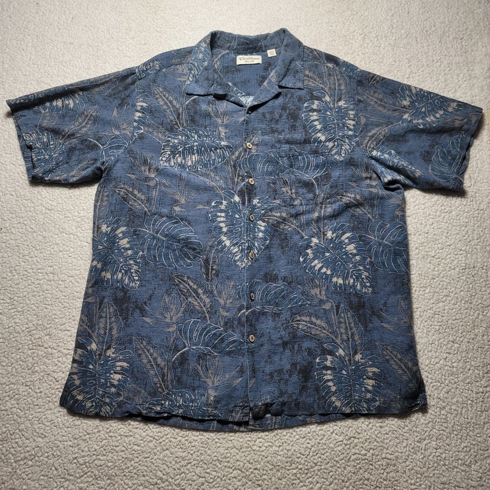 Caribbean Pure Silk Mens 2XT Blue Monstera Tropical Floral Camp Shirt Tall XL